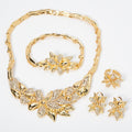 EU/US Import Export Dubai Gold 18K Slub Chain Flower Rhinestone Necklace Bracelet Set Earrings Ring Banquet Set