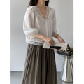 Tencel Linen Lantern Sleeve V-Neck Loose Lantern Shirt
