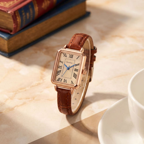 Retro Small Square Dial Ladies Watch La Horse Numbers Brown With Light Luxury Quartz Watch Student Commute Elegant Womens Watch Wholesale