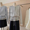 Women's Spring Korean Lace Crew Neck Tie-Front Waist-Tie Lace Trim Knit Top + Cardiga - As Pictured