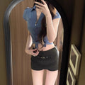 Summer School Trendy Short Sleeve Waist-Tie Fitted Cropped Shirt