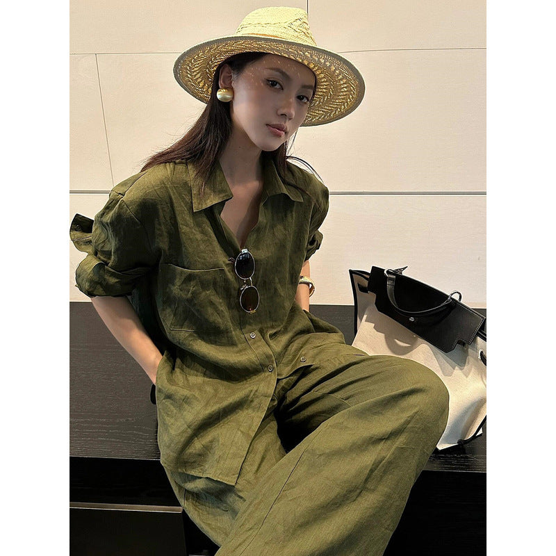 Spring Old Money Office V-Neck Sun-Protection Top + Shirt + Pants 2-Piece Set