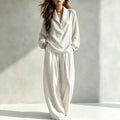 Fall Casual Elegant Long Sleeve Lapel Collar Loose Pants + Top 2-Piece Set