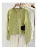 Women's Fall-Winter Designer Minimal Knit Wool Crew Neck Sweater + Cardigan + Top 202 - Green