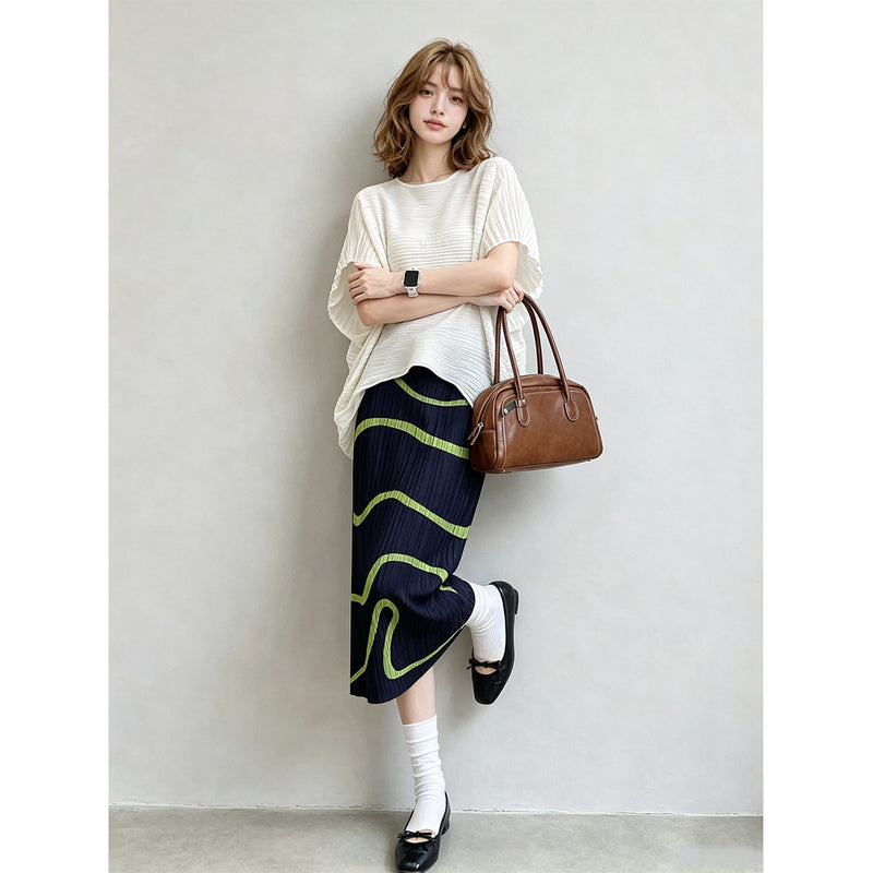 Summer Casual Fashion Short Sleeve Pleated Loose Skirt + Top 2-Piece Set