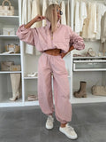 Casual Solid Zip Collar Cardigan + Elastic Cuff Pants Two-Piece Set