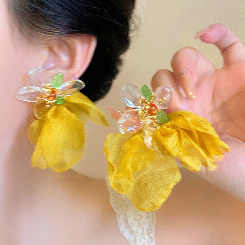 Chiffon Flower Tassel Drop Earrings - view 2