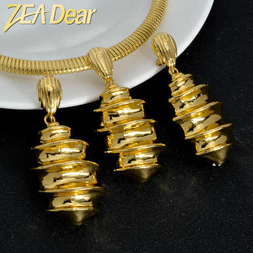 Overseas Bestseller Premium Copper Gold Plated Teardrop Striped Necklace Pendant Earrings 2-Piece Set Personality 18K Gold Women