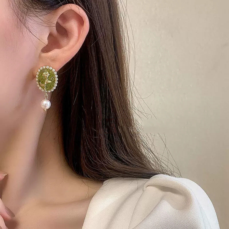 Green Floral Silver-Post Stud Earrings – Korean-Inspired Style - view 3