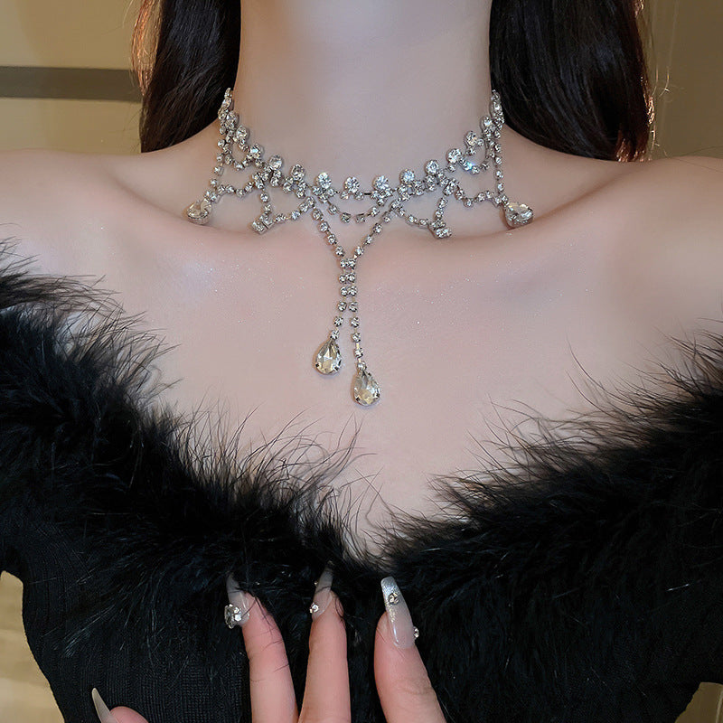 French Rhinestone Teardrop Flower Pearl Necklace - view 3