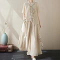 Summer New Chinese Plus Size Linen Cotton Embroidered Short Sleeve Drapey Wide Leg Pants + Shirt + Skirt Set