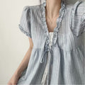 Korean Designer Short Sleeve Tie-Front Lace Trim Fake Two-Layer Shirt