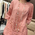 Summer Casual Fashion Linen Cotton Embroidered 3/4 Sleeve Wide Leg Pants + Pants + Top Set