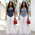 New Best-Selling V-Neck Camisole Top + Pleated Denim-Chiffon Wide Leg Pants Set