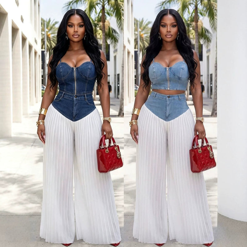 New Best-Selling V-Neck Camisole Top + Pleated Denim-Chiffon Wide Leg Pants Set