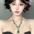 Western Statement Necklace Earrings Set Women Green Gem Clavicle Chain Premium Gown Banquet Choker Light Luxury Necklace