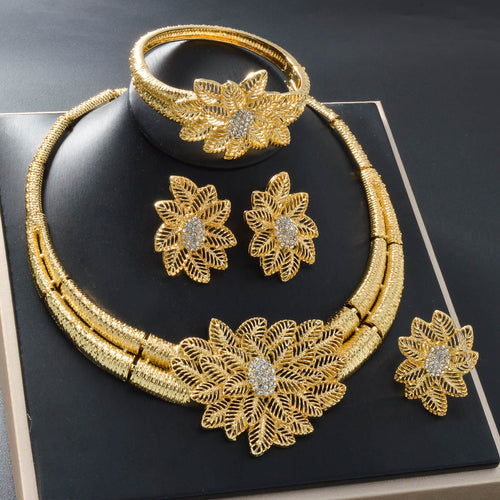 Overseas Dubai Middle East Slub Chain Leaves Rhinestone Necklace Bracelet Set Earrings Ring Bride Knot Wedding Banquet Set