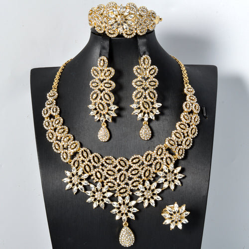 Overseas Dubai Gold Flower Cutout Full Diamond Teardrop Necklace Bracelet Set Ring Earrings Luxury Jewelry Set Women