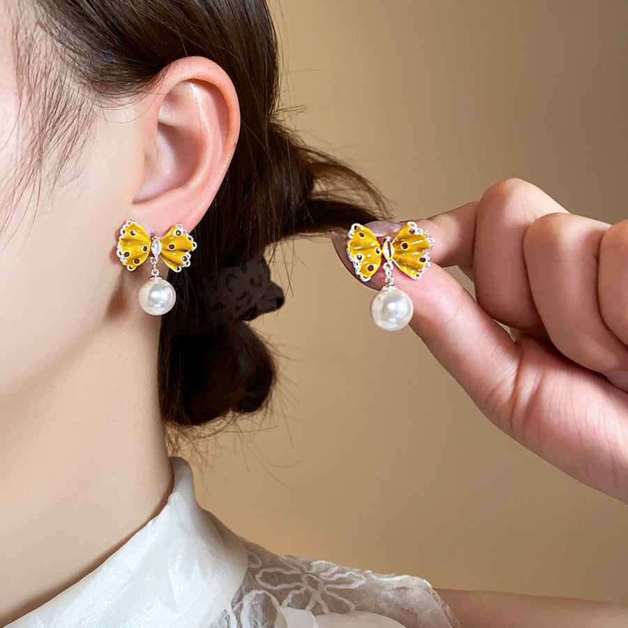 Enamel Bow Pearl Stud Earrings - view 2