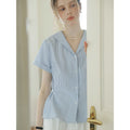 Summer Office French Short Sleeve Sailor Collar Striped Shirt