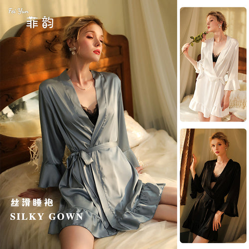 菲韵一件代发女士丝滑缎面睡袍系带喇叭袖性感家居服多色可选6057