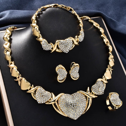 Overseas Hot Sale Heart-Shaped Set Accessory Wedding Necklace Ring Earrings Bracelet Set 4-Piece Set Rhinestone Accessory