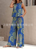 Women's Ethnic Sleeveless Slit Drapey Loose Wide Leg Pants + Tank Top 2-Piece Set 202 - 【LTA】◆1