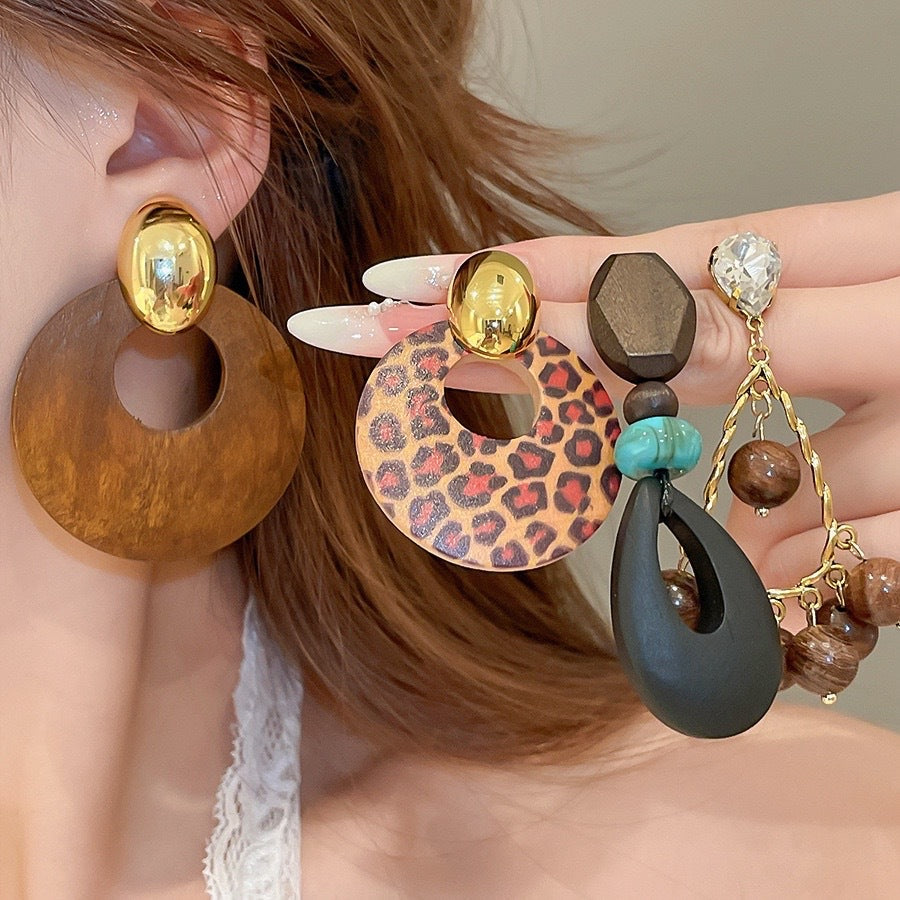 Vintage Round Wooden Drop Earrings - view 2