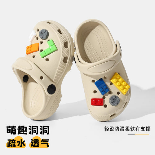 儿童洞洞鞋夏季居家可DIY室内防滑软底EVA环保简约积木宝贝拖鞋