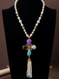 Vintage Four Leaf Clover Pearl Necklace Rhinestone Fashionable Personality Sweater Chain Imperial Western Retro Pendant