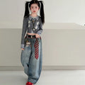 Girls' 3D Print Faux Layered Top Denim Wide-Leg Jeans Set