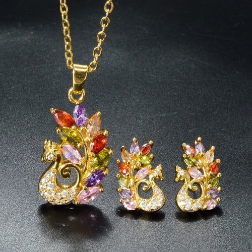 New Influencer Rainbow Cubic Zirconia Hole Peacock Pendant Necklace With Piece Accessory Stud Pendant Fashionable With Piece Set Wear