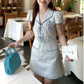 Coastline Korean Style Striped V-Neck Dress with Puff Sleeves, Fitted A-Line