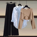 Fall-Winter Fashion Slimming Plus Size Knit Wool Wide Leg Pants + Sweater + Shirt 3-Piece Set