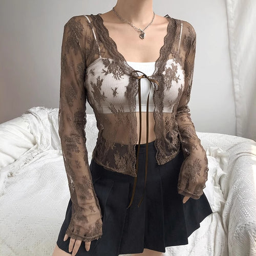 Women's Vintage Lace Jacquard Tie Front Cardigan