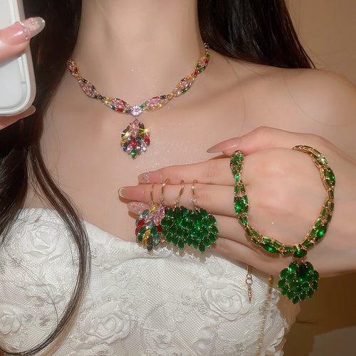 Wave Si Chapter Heavy-Duty Crystal Color Gem Leaves Jewelry Set Banquet Party Breeze Necklace Light Luxury Niche Necklace