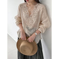 Summer Korean Slimming Ramie Embroidered Long Sleeve Patchwork Loose Shirt
