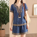Women's Ethnic Vacation Embroidered Short Sleeve Shorts 2-Piece Set 2026 - Navy