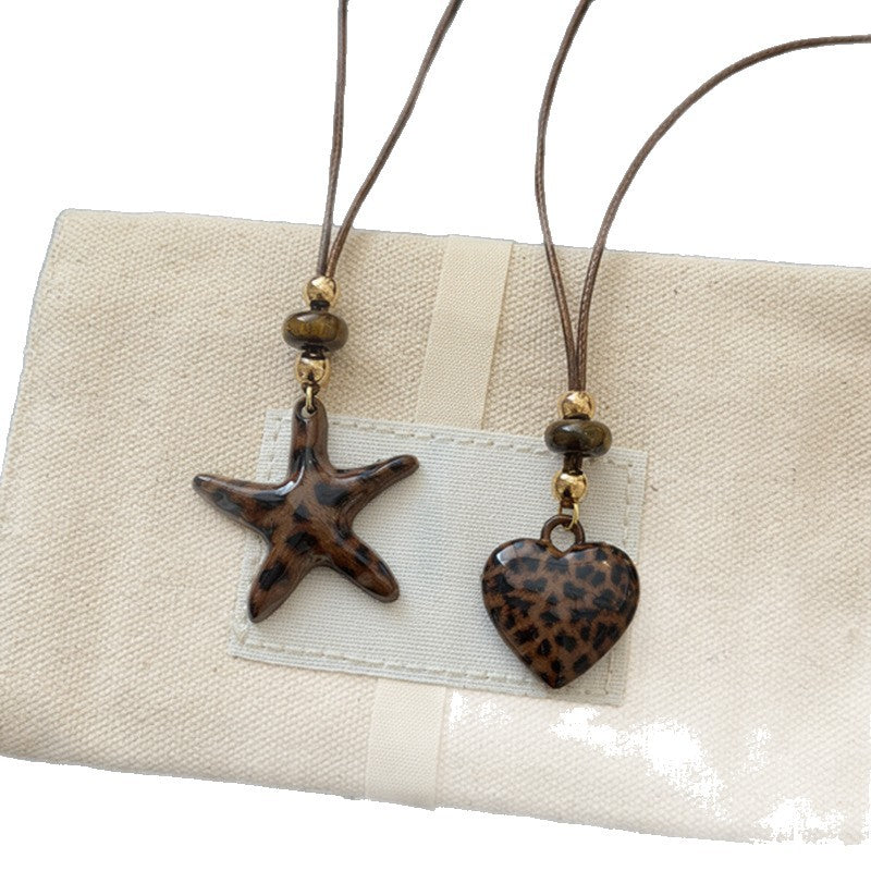 Vintage Leopard-Print Stone Heart Pendant Necklace with Leather Cord - view 5