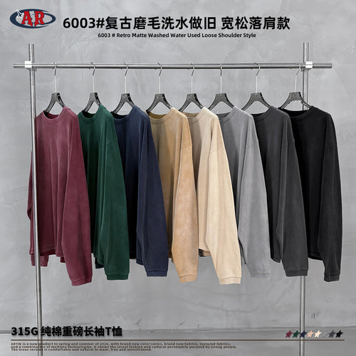 ARTIE Men's Fall/Winter Retro Pure Cotton Washed Distressed Loose Fit Drop Shoulder Long Sleeve T-Shirt
