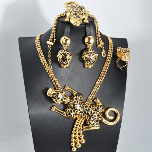 Overseas Western Bold 3D Cheetah Pendant Round Bead Chain Necklace Bracelet Set Earrings Ring Statement Jewelry 4-Piece Set