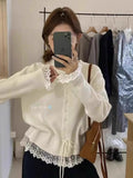 Women's Spring Korean Lace Crew Neck Tie-Front Waist-Tie Lace Trim Knit Top + Cardiga - As Pictured