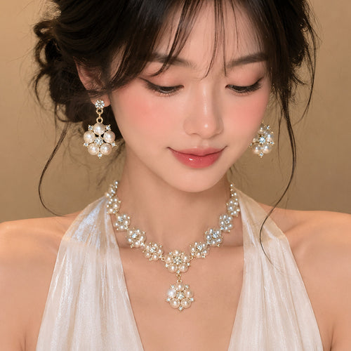 Galaxy Flower Bloom Imperial Breeze Rhinestone Flower Pearl Jewelry Set Wedding Bride Choker Retro Luxury Necklace