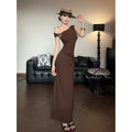 Off-Shoulder Sleeveless Slit Fitted Long Dress, Minimalist