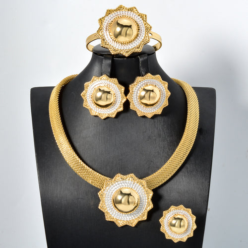 Overseas Western Statement Sunflower Mesh Chain Pendant Aluminum Bead Necklace Bracelet Set Earrings Ring Middle East Wedding Set