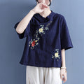Women's Summer Ethnic Retro Plus Size Linen Cotton Embroidered Stand Collar Diagonal - Khaki