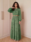Fall Gentle Lantern Sleeve Crew Neck High Waist Fitted Shirt + Skirt Set