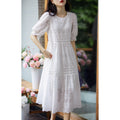 White Cotton Embroidered Puff Sleeve Dress, French Sweet Style