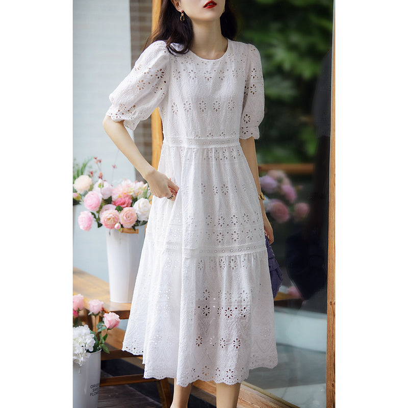 White Cotton Embroidered Puff Sleeve Dress, French Sweet Style
