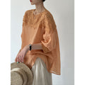 Summer Korean Artistic Ramie Hollow-Out Neckline Shirt